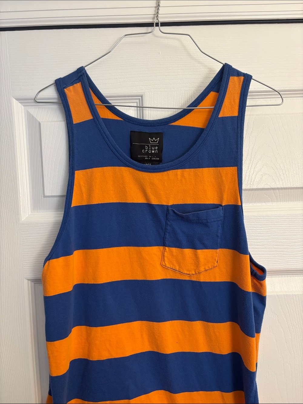 blue crown Men's Blue & Orange Striped Tank Top